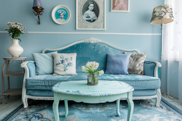 Modern Modern design Pastel Blue Vintage style apartment interior and living room Dynamic Spaces.