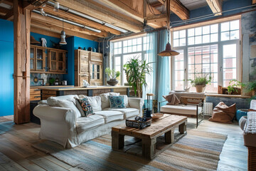 Modern Modern design Sky Blue Rustic style loft interior and living room Natural Materials. - obrazy, fototapety, plakaty