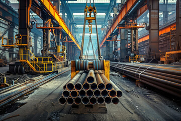 Gantry crane loading a stack of steel pipes in a metallurgical plant workshop - obrazy, fototapety, plakaty