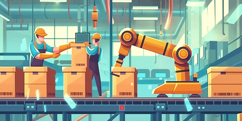 Innovative industrial robots that replace human labor Automated warehouse concept with 3D automated robots, artificial intelligence for industrial revolution and production processes. Vector