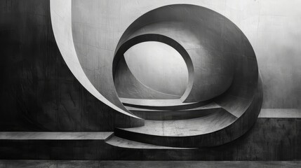 A black and white photo of a spiral staircase. The staircase is made of concrete and he is a part of a larger structure. The photo has a moody and abstract feel to it