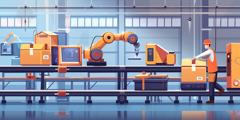 Innovative industrial robots that replace human labor Automated warehouse concept with 3D automated robots, artificial intelligence for industrial revolution and production processes. Vector