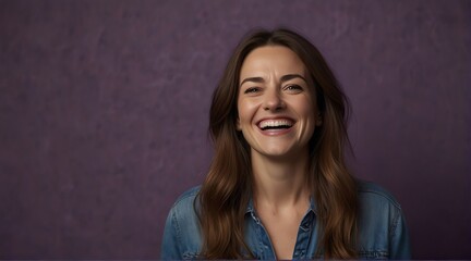 young british middle aged woman on plain bright purple background laughing hysterically looking at camera background banner template ad marketing concept from Generative AI - obrazy, fototapety, plakaty