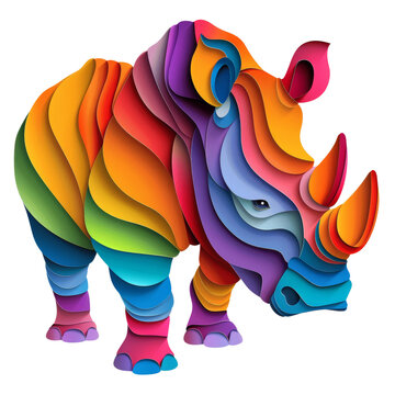 paper cut style of colorful rhinoceros on white background