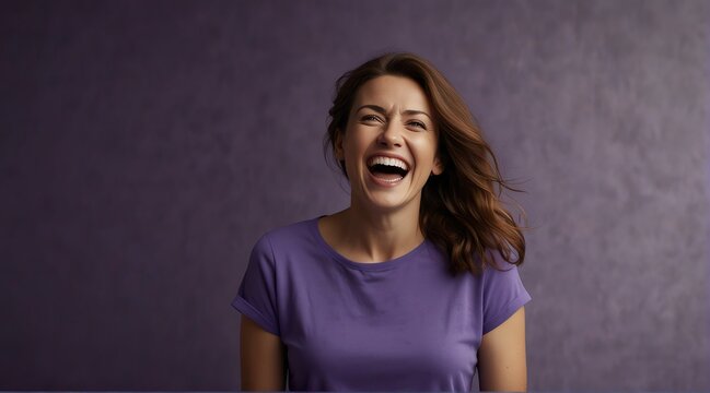 young british middle aged woman on plain bright purple background laughing hysterically looking at camera background banner template ad marketing concept from Generative AI
