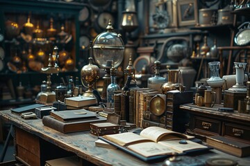 Prop masters collection, wide view, treasure of details for a rich industry background , cinematic