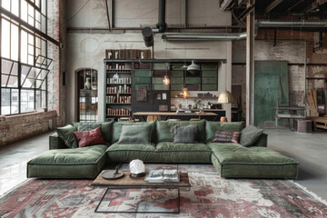 Modern Modern design Green Industrial style loft interior and living room Smart Homes. - obrazy, fototapety, plakaty
