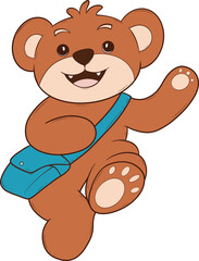 Cartoon of a cheerful brown bear with a blue satchel