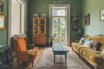 Modern Modern design Green Vintage style house interior and living room Smart Homes. - obrazy, fototapety, plakaty