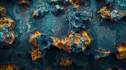 The image is of a rusted metal surface with a lot of holes and bumps. The surface is a mix of blue and orange, giving it a somewhat eerie and unsettling appearance. The texture of the surface is rough - obrazy, fototapety, plakaty
