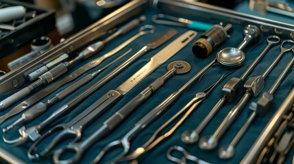 Surgical Instruments in Sterile Setting. Variety of surgical tools neatly arranged in a surgical tray, ready for a medical procedure.