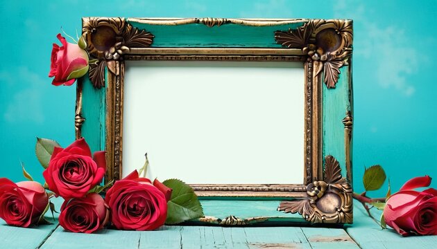 Romantic vintage grunge photo frame with beautiful red roses on a turquoise blue background. frame for invitation or congratulations. holiday greeting card design. Сopy space, flat lay, top view