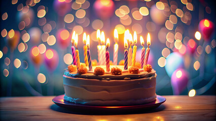 Birthday cake with candles, bright lights bokeh
