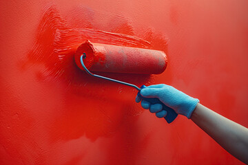 painter holds painting roller in hand and paints orange wall red paint close-up
