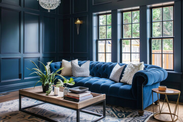 Modern Scandinavian Navy Blue Modern style house interior and living room Hybrid Spaces. - obrazy, fototapety, plakaty