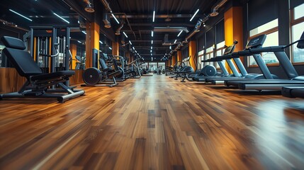 Modern Gym Interior with Fitness Equipment. Empty modern gym interior equipped with various fitness machines ready for training. - obrazy, fototapety, plakaty