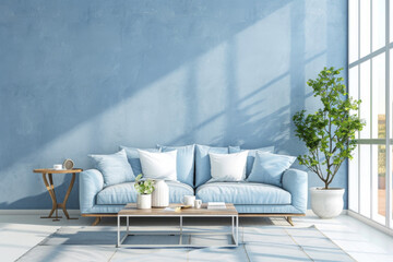 Modern Scandinavian Sky Blue Minimalist style loft interior and living room Color Therapy. - obrazy, fototapety, plakaty