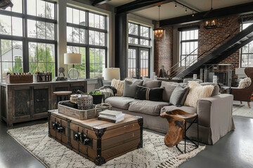 Modern Scandinavian Taupe Gray Industrial style house interior and living room Mindful Living. - obrazy, fototapety, plakaty