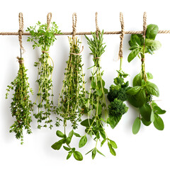 Fresh herbs hanging to dry isolated on white background, studio photography, png
