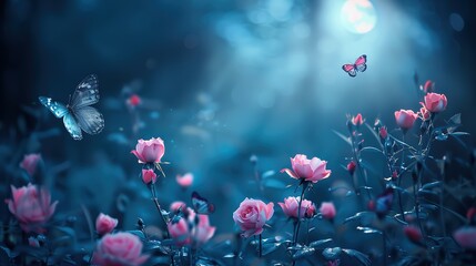 Magical fantasy enchanted fairy tale landscape with forest lake, amazing fairy tale blooming pink rose garden flowers and two butterflies on mysterious blue background and shining moonlight at night   - obrazy, fototapety, plakaty