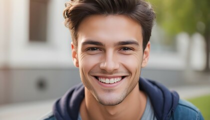 young man smiling in the garden  - obrazy, fototapety, plakaty
