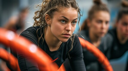 Determined Woman Participating in Outdoor Boot Camp. Young woman displays determination and focus during a challenging outdoor boot camp training exercise, with others in the background.