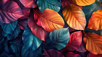 Botanical illustration of leaves in vibrant colors. Generative AI.