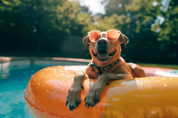 Cute dog relaxing in a summer swimming pool inflatable ring float - obrazy, fototapety, plakaty