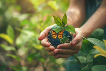 The world is in your hands and beautiful bokeh is blurred in the garden background. World Environment Day concept with planting trees and green earth in hand. protecting the natural environment