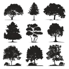 Collection of winter tree silhouettes separated isolated on transparent background