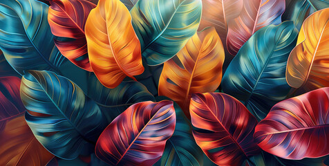 Botanical illustration of leaves in vibrant colors. Generative AI.