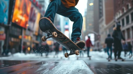 Close-up of a skateboard in motion on city streets with blurred pedestrians in the background.