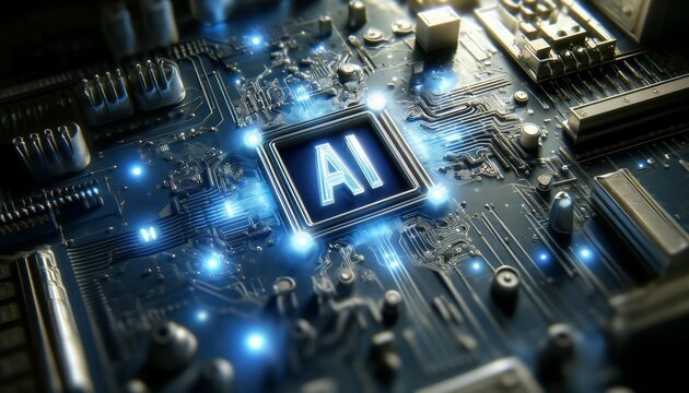 AI Core in Electronic Circuit Blue Glow Technology text TSLA, NVDA on it