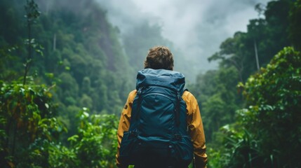 Backpacker trekking a lush jungle path in the rain, surrounded by vibrant green foliage.