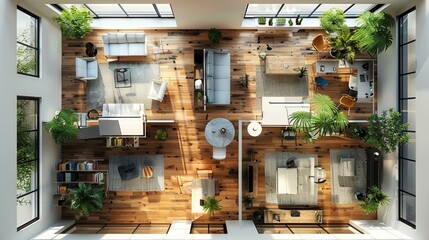 Office, Indoor floor plan, Top view, 3d. Generative AI.
