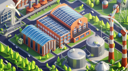 Isometric sustainable renewable factory with solar panels on the roof Clean energy concept. climate change prevention Vector illustration - obrazy, fototapety, plakaty
