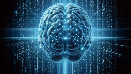 Digital Brain with Blue Mesh and Binary Code Background