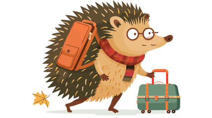 Hedgehog with suitcase is traveling flat vector