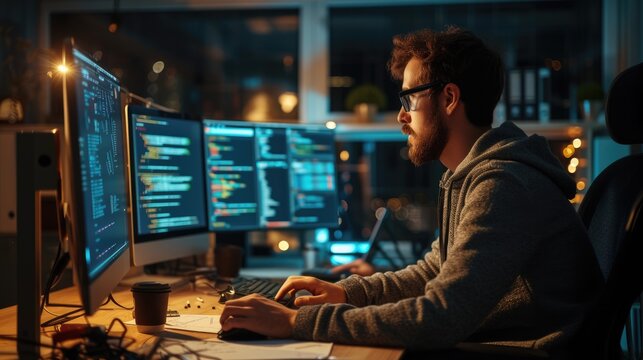 A software developer works on code late into the night, illuminated by the glow of multiple computer screens in a modern office. AIG41