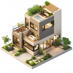 Isometric 3D summer house with swimming pool in green garden with flowers, illustration of building a simple house.