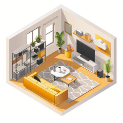 Isometric interior composition of living room. Isometric interior design illustration of living room. Miniature apartment room, 3D vector