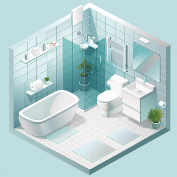 Isometric interior composition of bathroom, 3D bathroom interior design illustration, small apartment room, 3D software