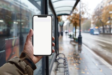 A hand holding a smartphone with a white mockup screen at a bus stop