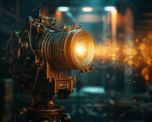 Vintage projector light, closeup, nostalgia for a classic film industry background , octane render - obrazy, fototapety, plakaty