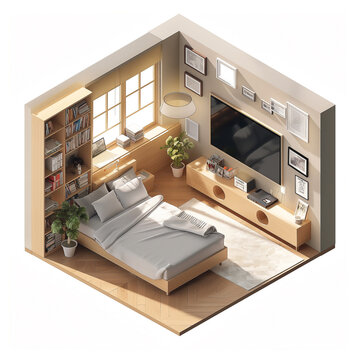 Isometric interior composition of single bedroom. Isometric interior design illustration of a single bedroom. Miniature apartment room, 3D vector