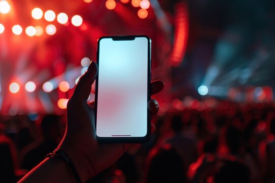 A hand holding a smartphone with a white mockup screen at a concert