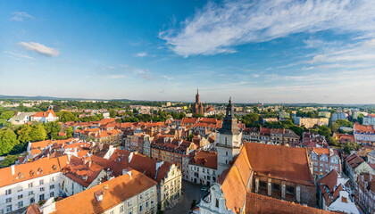 Fototapeta na wymiar Aerial panoramic view of historical buildings and roofs in Polish medieval town