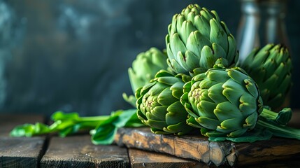 Close up of fresh Artichokes on a rustic wooden Table