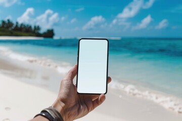 A hand holding a smartphone with a white mockup screen at a beach