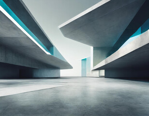 An abstract futuristic building with an empty concrete floor in 3D.